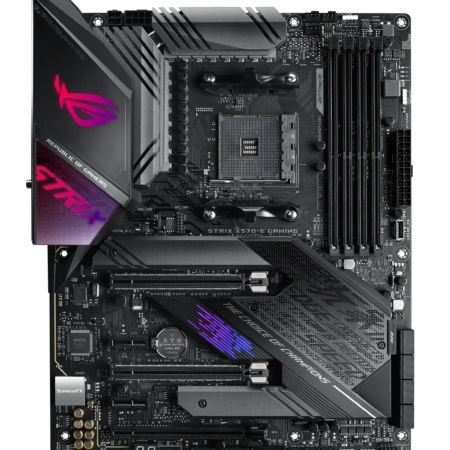 Computer motherboard with ASUS ROG logo on a white background