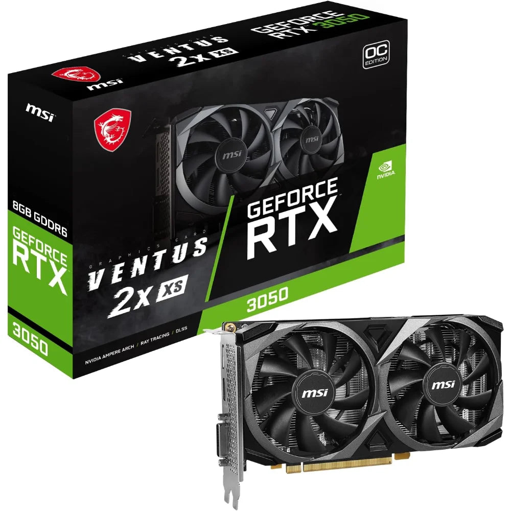 msi-geforce-rtx-3050-ventus-2x-xs-8g-oc-graphics-card-1-techarc.pk_ MSI GeForce RTX graphics card packaging with visible branding on a white background