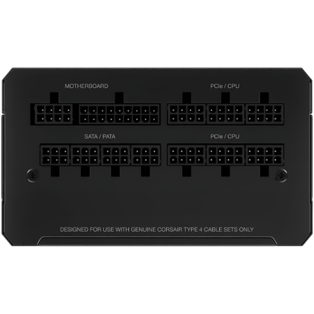 Black computer motherboard connector block with labeled ports on a white background
