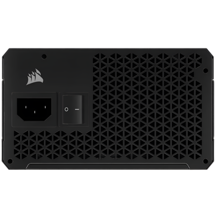 Black power supply unit with Corsair logo on a white background