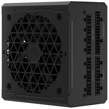 Black computer power supply unit with fan and connectors on a white background