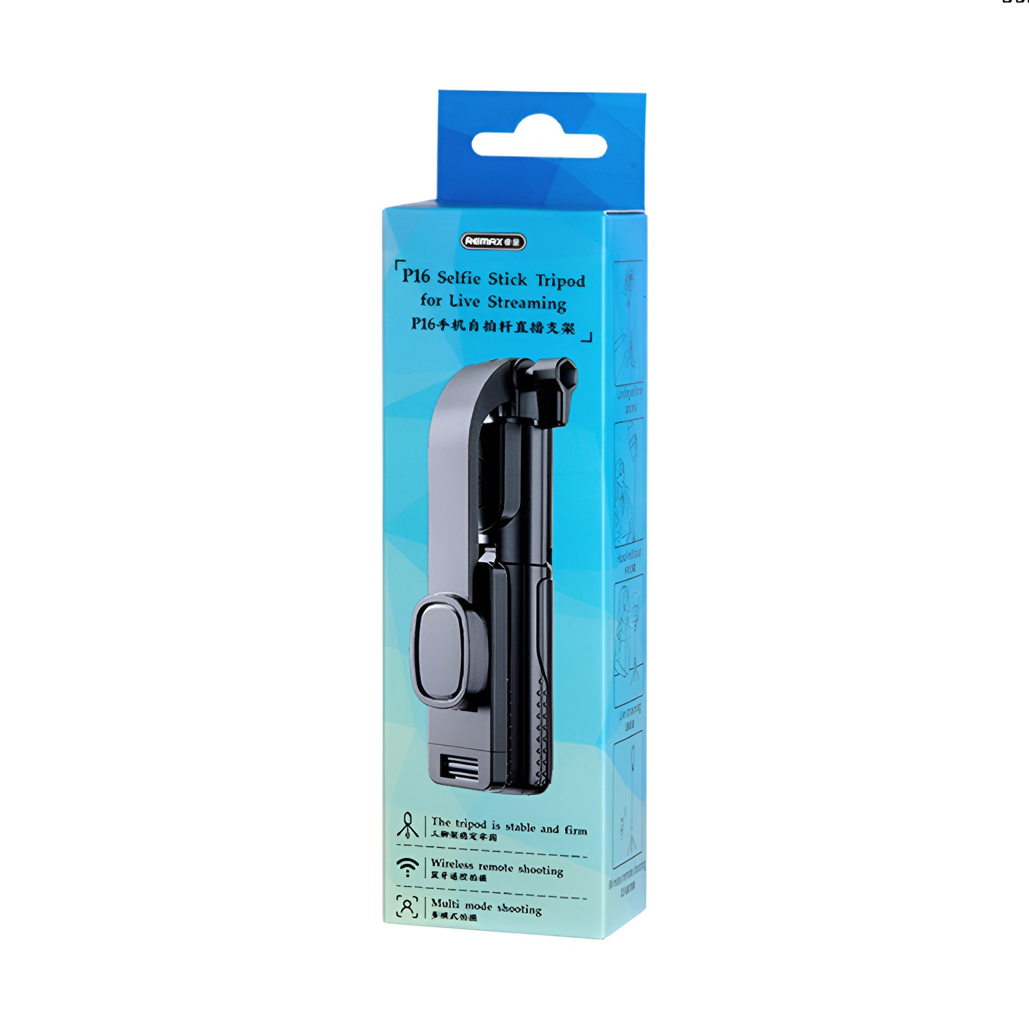 stand_22 Packaged selfie stick tripod with blue and white box on a white background