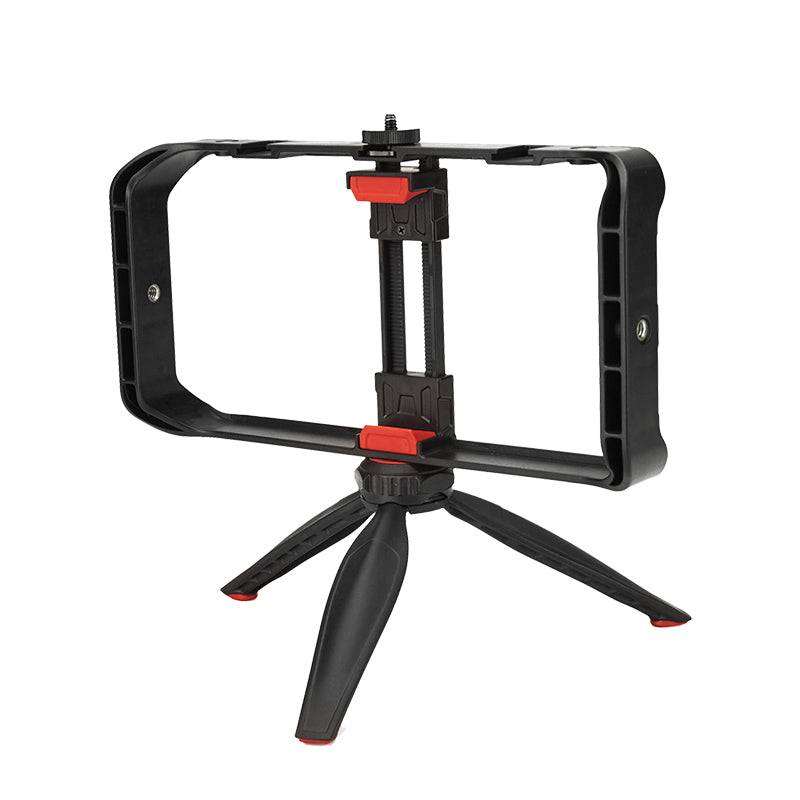 stand_4 Black smartphone holder with tripod legs on a white background