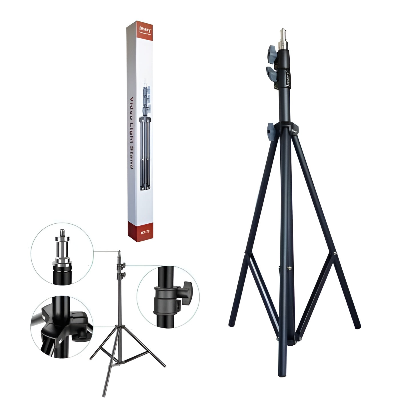 stand_8 Black tripod stand with packaging and additional attachments on a white background
