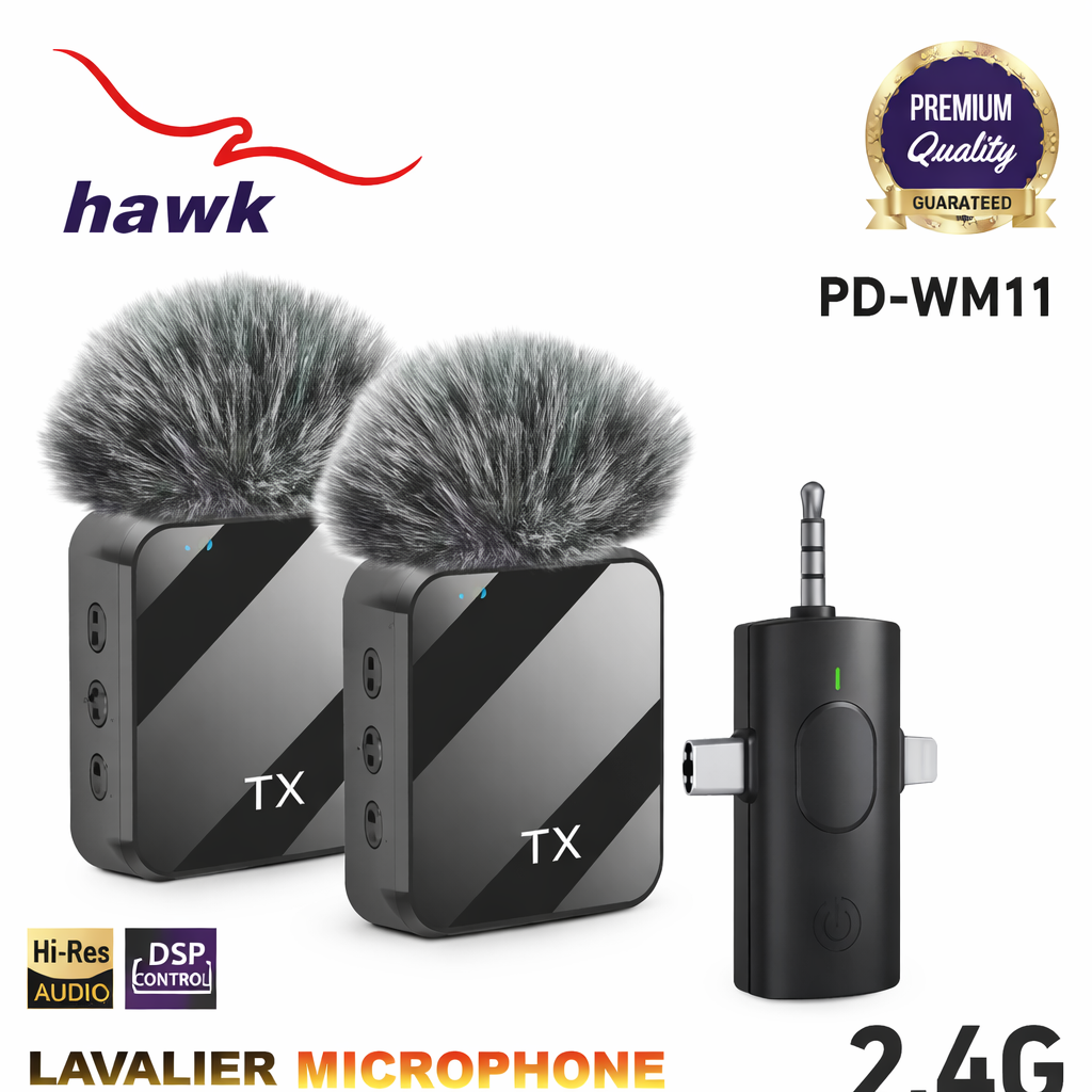 HAWK PD-WM11 2.4G 3in1 Wireless Lavalier Microphone DSP Noise Reduction