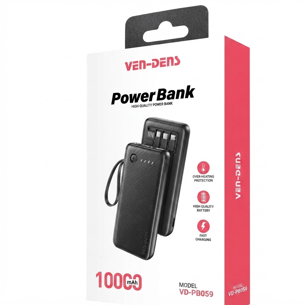 Ven Dens VD-PB059 Black 20000mAh 2.4A Power Bank with LED light with with Built-In Cables