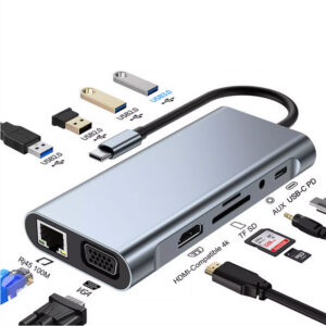 11-in-1 Type-C Hub –Type-c To HDMI, VGA, LAN, SD/TF, AUX, USB*4, and Type-C PD.