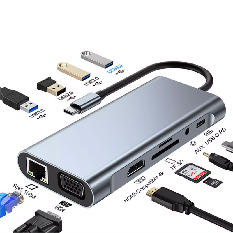11-in-1 Type-C Hub –Type-c To HDMI, VGA, LAN, SD/TF, AUX, USB*4, and Type-C PD.