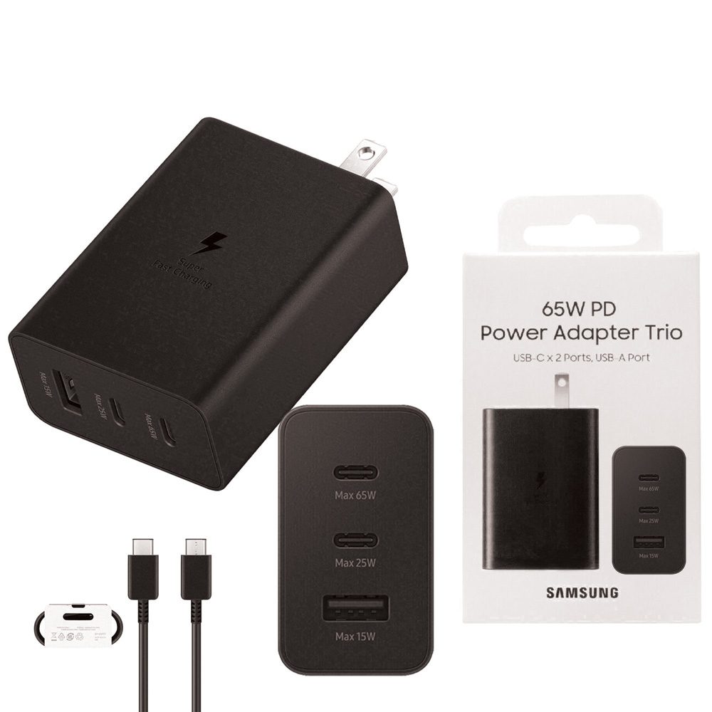 Samsung 65W USB-C Power Delivery Adapter (US Plug) with Trio Ports (2 x USB-C, 1 x USB-A) With C-C CABLE