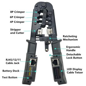 468ST Modular Plug Crimper (Crimps RJ45 8P8C, RJ12, RJ11, RJ10, RJ9 Connectors with Cable Stripper, Cutter & Built-in Cable Tester)