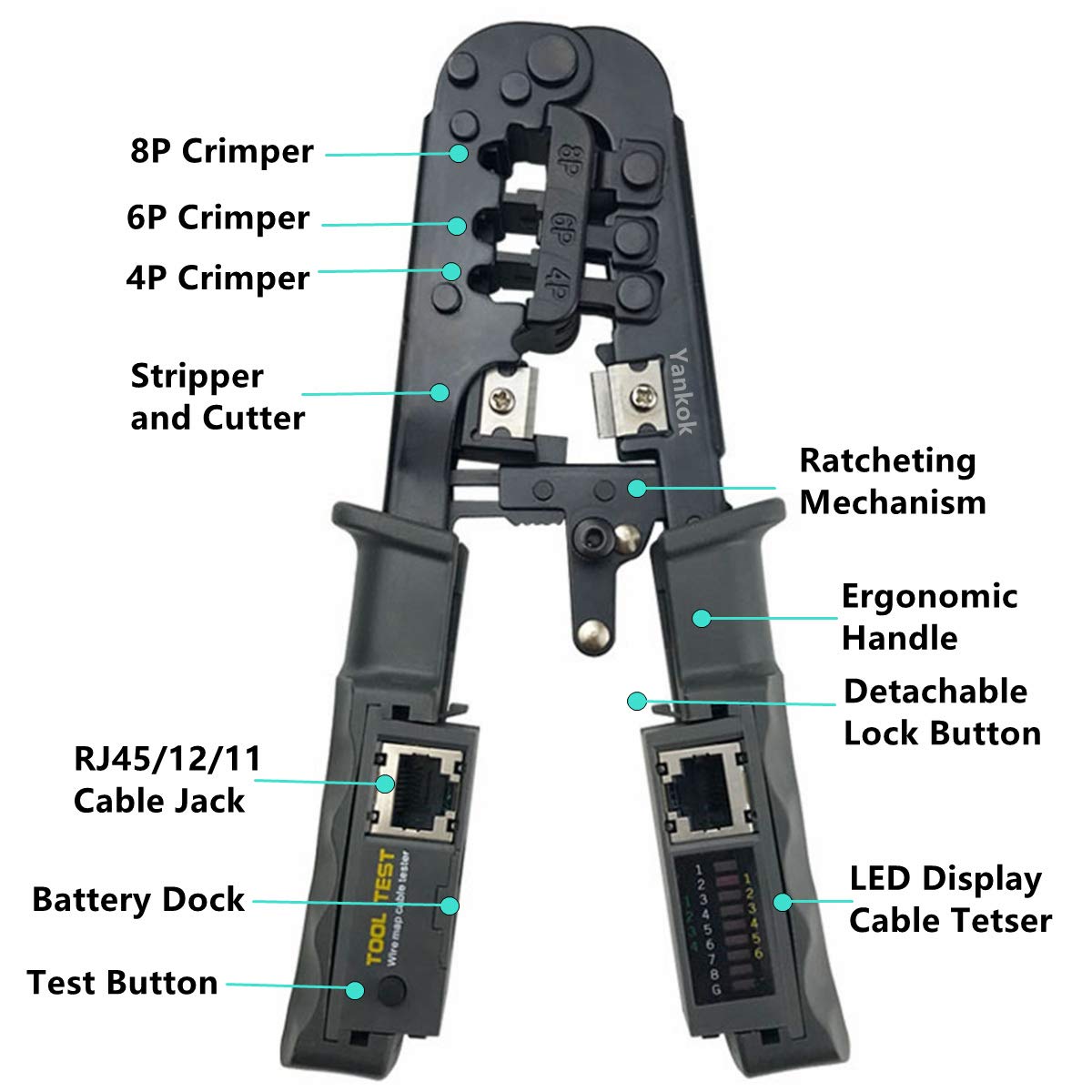 468ST Modular Plug Crimper (Crimps RJ45 8P8C, RJ12, RJ11, RJ10, RJ9 Connectors with Cable Stripper, Cutter & Built-in Cable Tester)