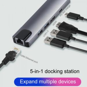 Type C to 5 In 1 HUB Type-c To HDMI, LAN, USB*2, and Type-C PD