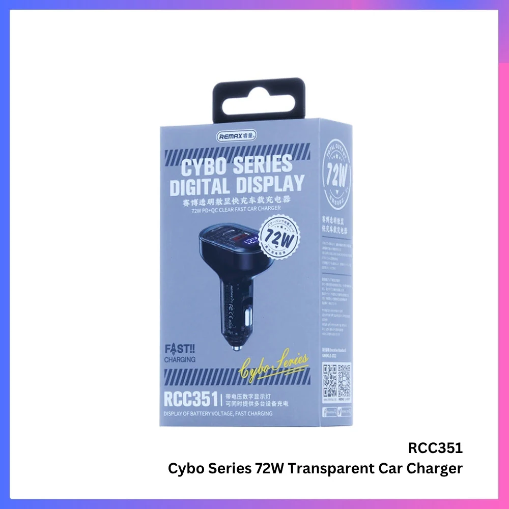 REMAX RCC351 Cybo Series 72W PD+QC 1A+2C Transparent Fast Car Charger with Digital Display