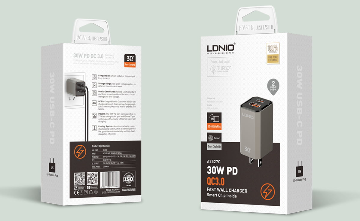LDNIO A2527C 30W US 90° Foldable Plug Fast Charger
