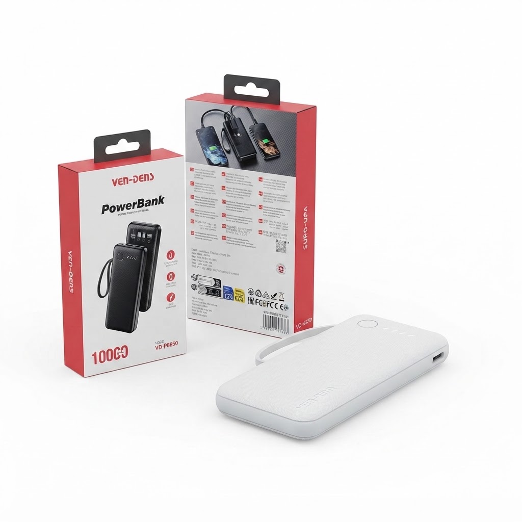 Ven Dens VD-PB058 10000mAh Power Bank – LED Display, 3-in-1 Built-in Cables White