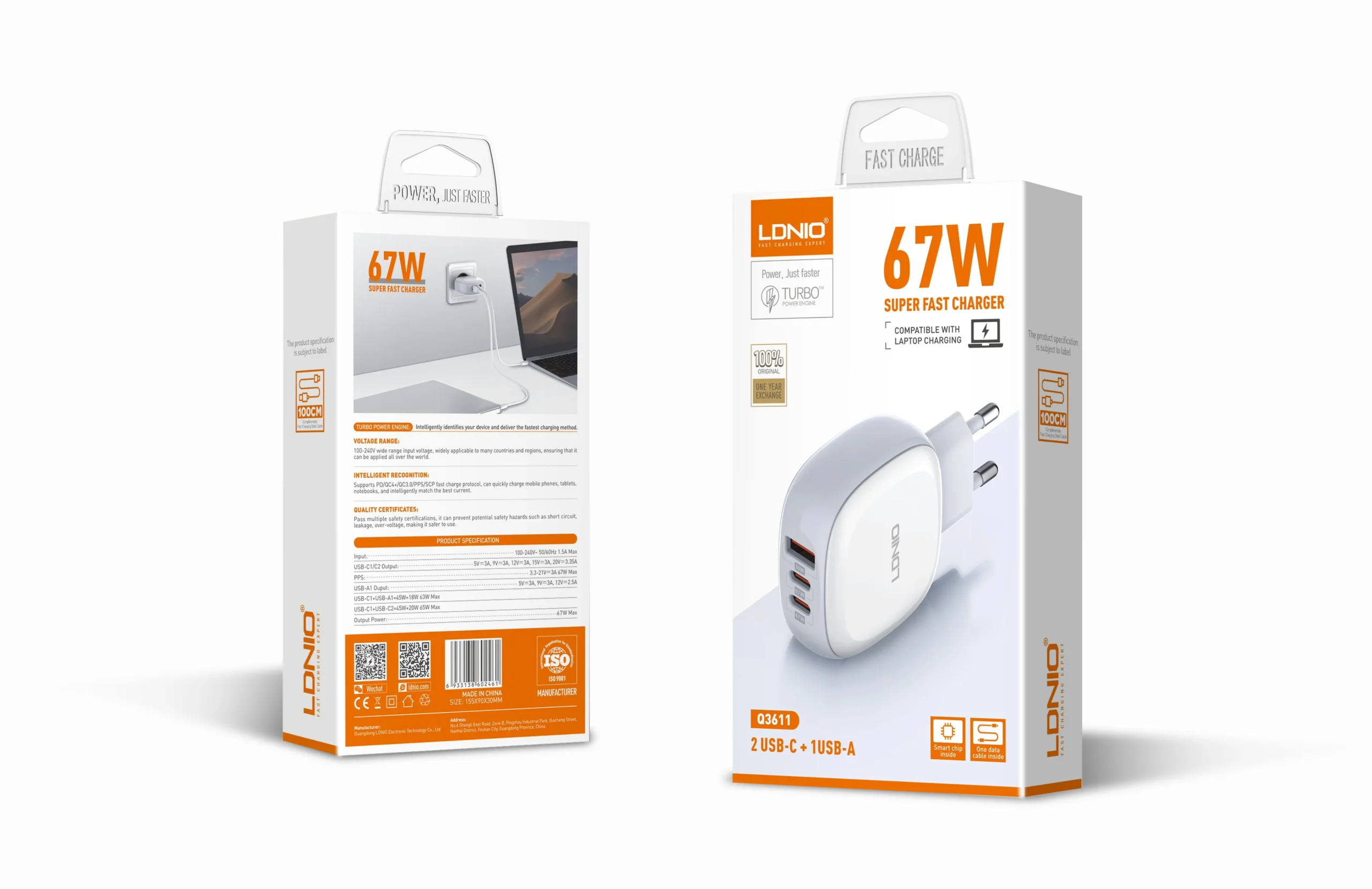 LDNIO Q3611 67W Dual Port PD & QC Fast Charger with C-C Cable