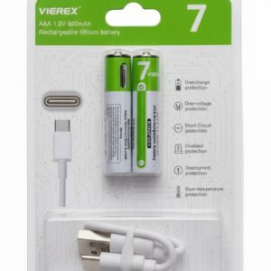 Vierex Rechargeable Cell with Type C Port AAA Lithium Ion Battery Pack of Two Cells