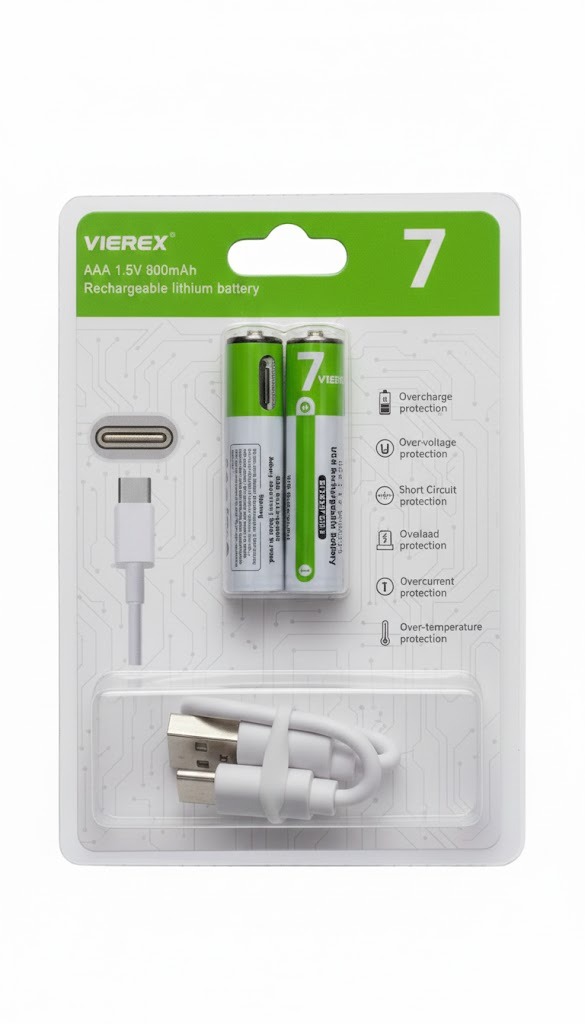 Vierex Rechargeable Cell with Type C Port AAA Lithium Ion Battery Pack of Two Cells