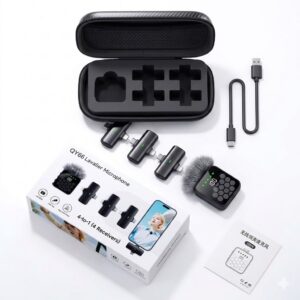 QY66 Wireless Lavalier Microphone with 4 Receivers Noise-Canceling Technology Type C & Lightning Connector