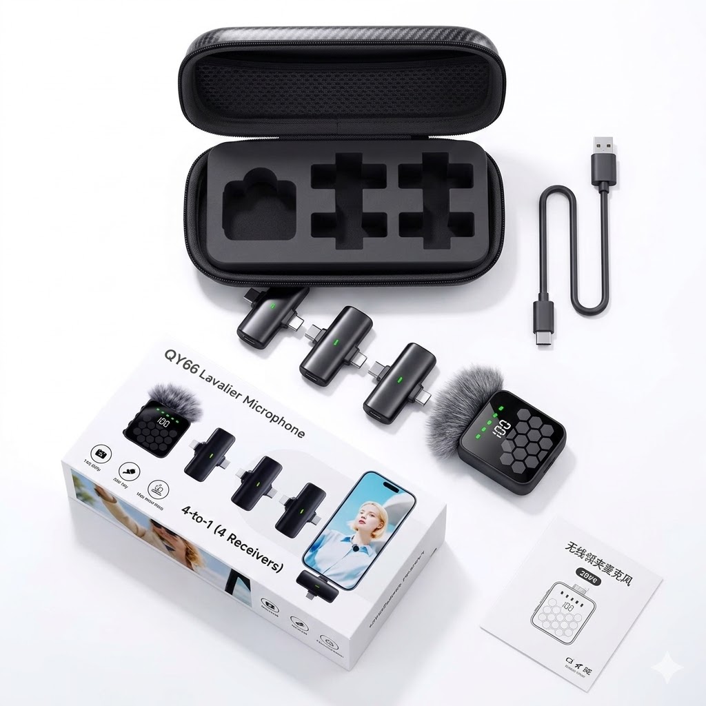 QY66 Wireless Lavalier Microphone with 4 Receivers Noise-Canceling Technology Type C & Lightning Connector