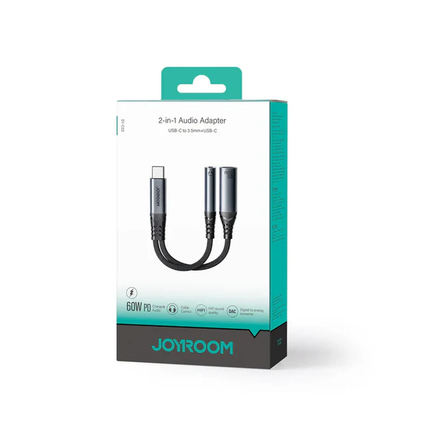 JOYROOM SY-C02 Type-C to 3.5mm + Type-C Audio-Transfer Series 2-in-1 Audio Adapter Black