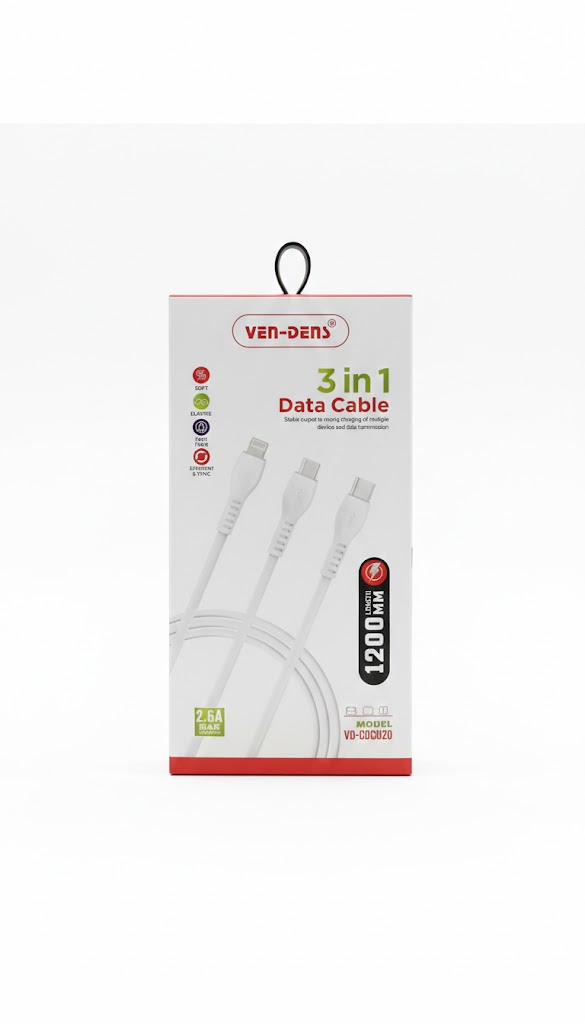 VEN DENS VD-DC0020 3 In 1 USB to Type C Lightning and Micro Charging Cable (1.2 Meter)