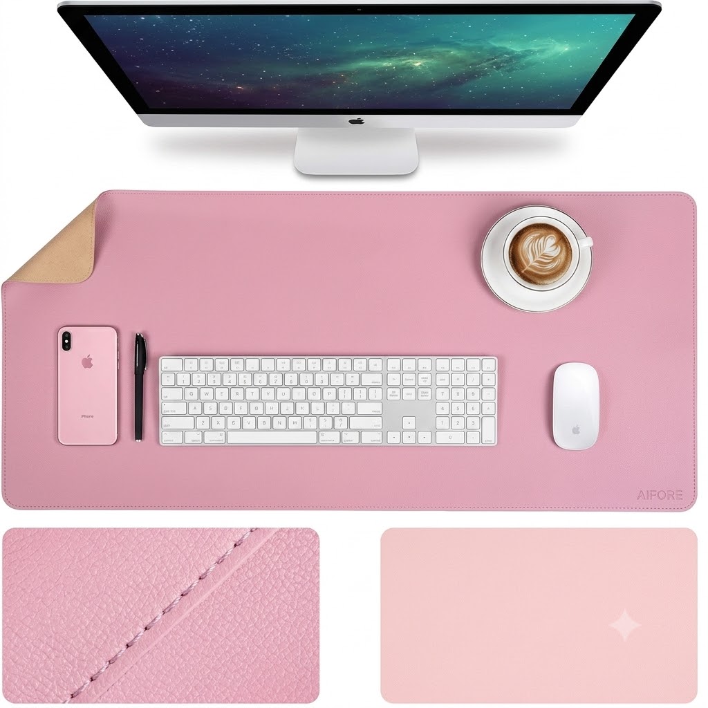 Dual Sided Desk Pad, New Upgrade Sewing PU Leather Office Desk Mat, Waterproof Desk Blotter Protector, Desk Writing Mat Mouse Pad (Classical Pink, 31.5″ x 15.7″)