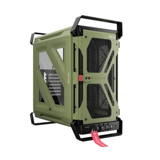 CORSAIR WARTHOG RS Performance Mid-Tower Gaming PC Case in Mil Vert Olive Drab with tactical steel carry handles, 3D Y-pattern mesh front panel, and side tempered glass