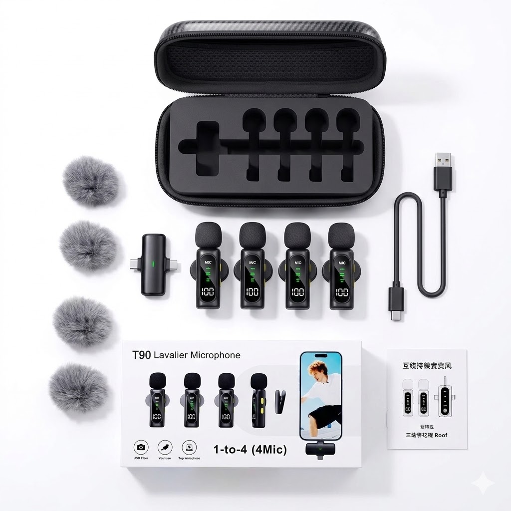 Latest T90 2-in-1 Connectivity 4 Wireless Mic Lavalier Microphone Digital Display Noise Cancelling