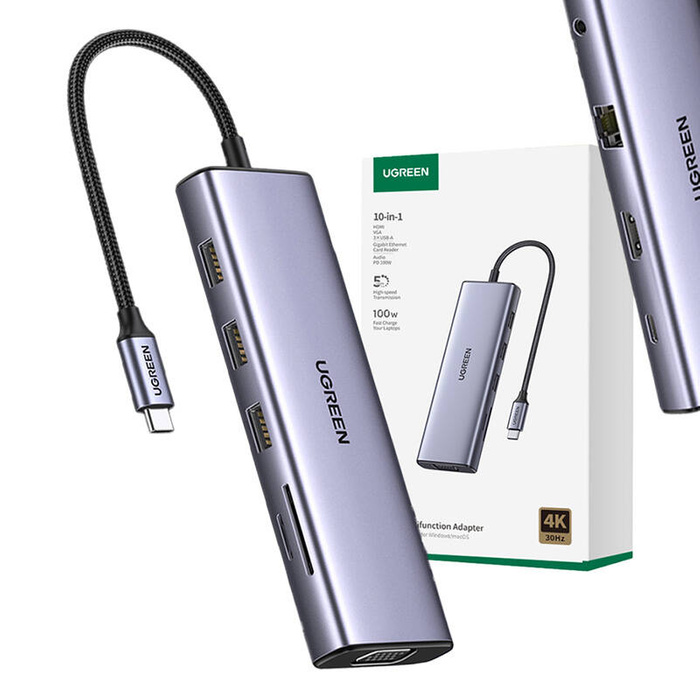 UGREEN CM498 10-in-1 Adapter USB Hub to 3x USB-A 3.0, HDMI, VGA, RJ45, SD/TF, PD Converter 15601
