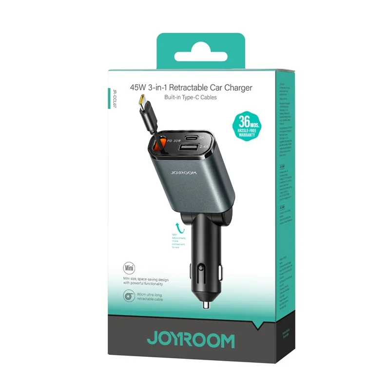 JOYROOM CCL07 60W Car Charger 3 in 1 with Built-In Retractable Type-C Cable Fast Charging for Multiple Devices