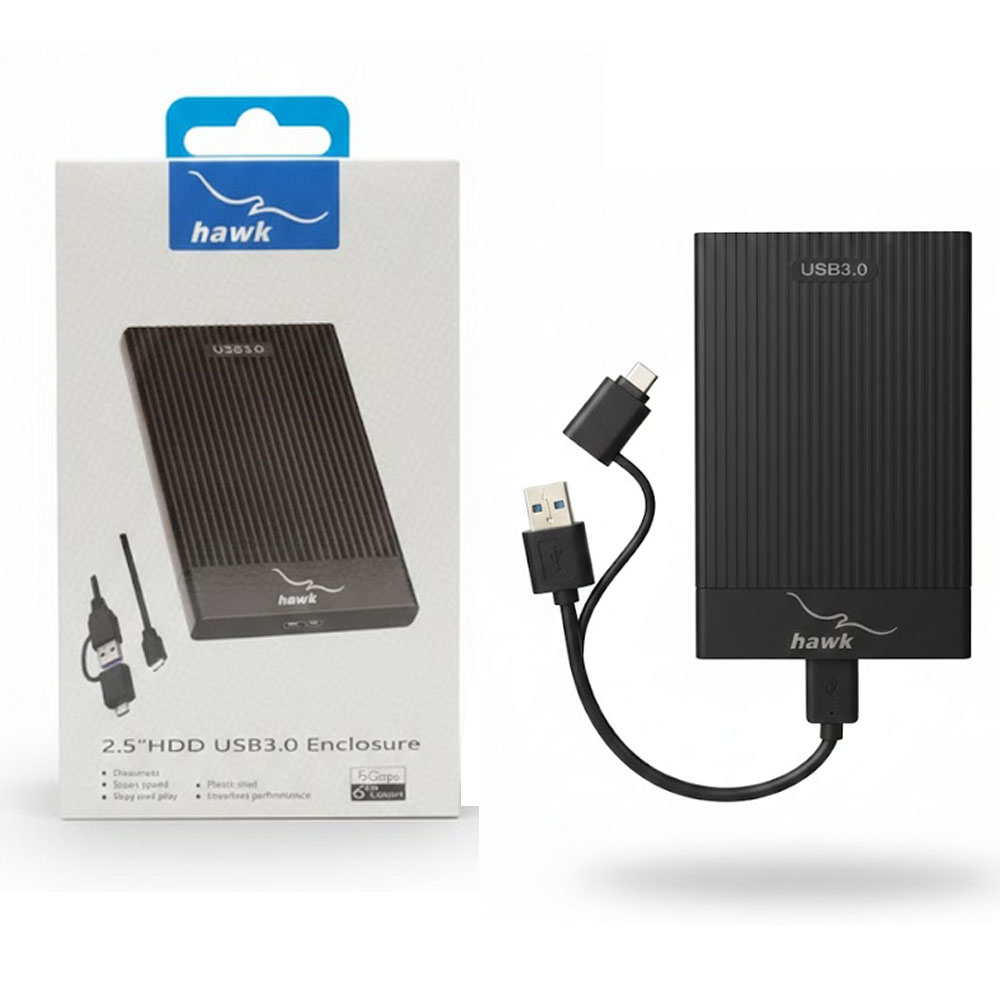 HAWK 2.5″ HDD Case USB 3.0 P26B3 with BLK MC to USB A & C CABLE