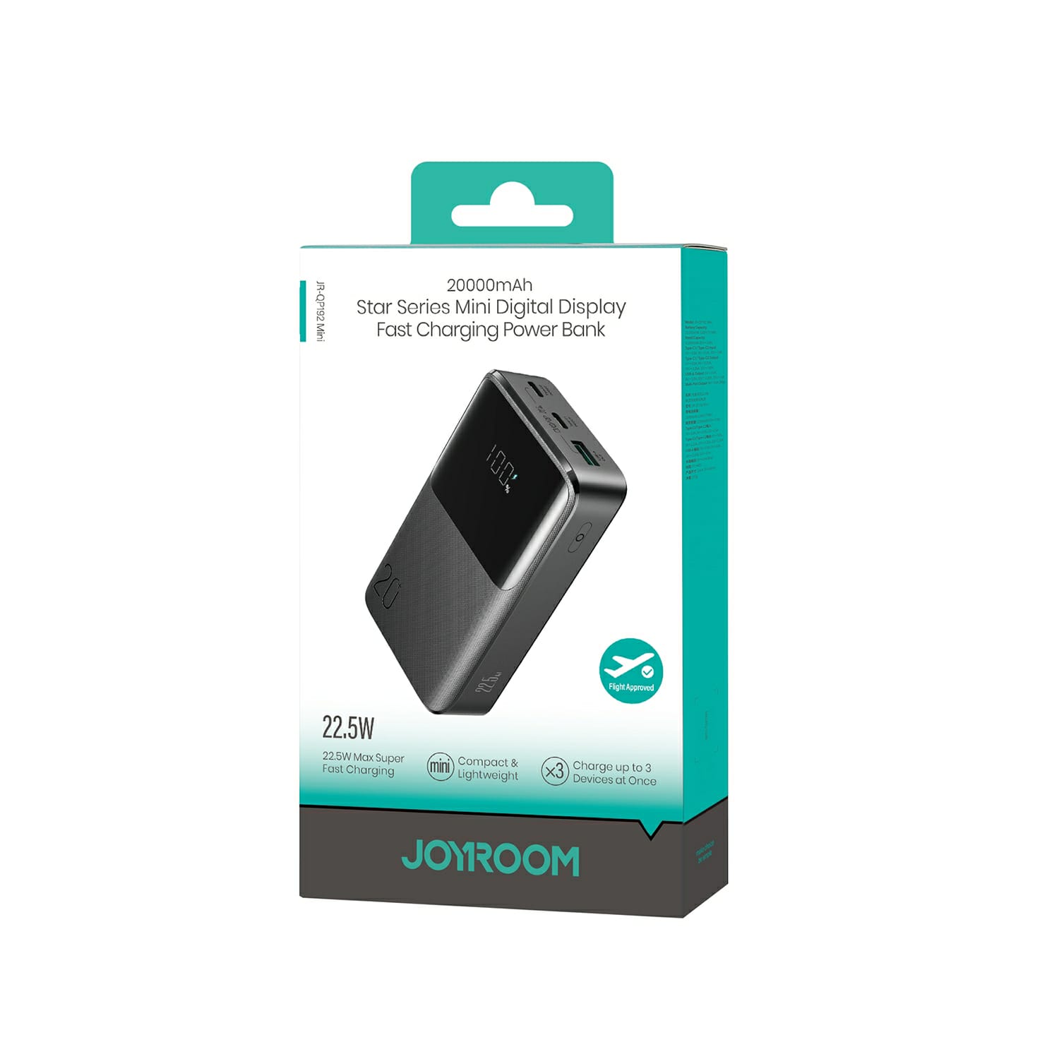 JOYROOM MINI JR-QP192 20,000mAh Star Series 22.5W Digital Display Fast Charging Power Bank Black