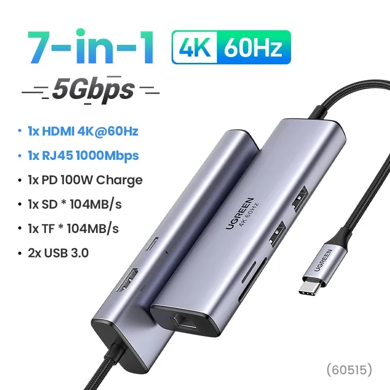UGREEN CM512 7in1 USB-C to HDMI*2 USB-A 3.0*2 PD 100W*1 RJ45 (Gigabit)*1 SD/TF*1 HUB 60515 - Image 2