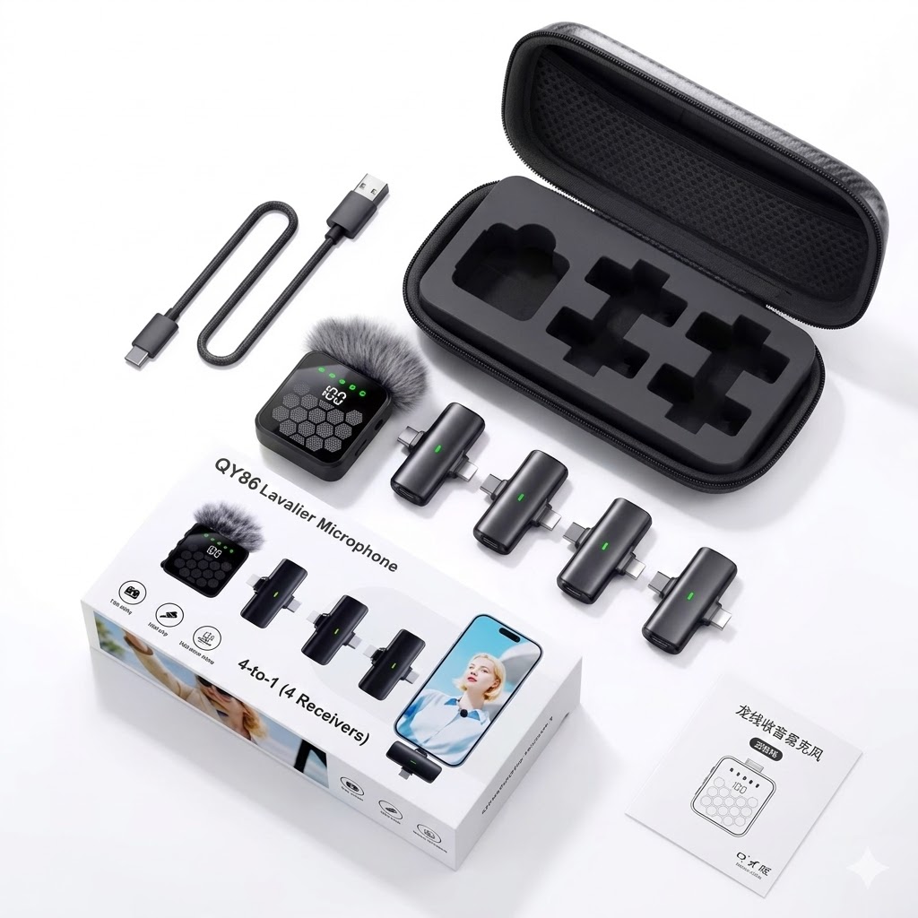 QY66 Wireless Lavalier Microphone with 4 Receivers Noise-Canceling Technology Type C & Lightning Connector - Image 2