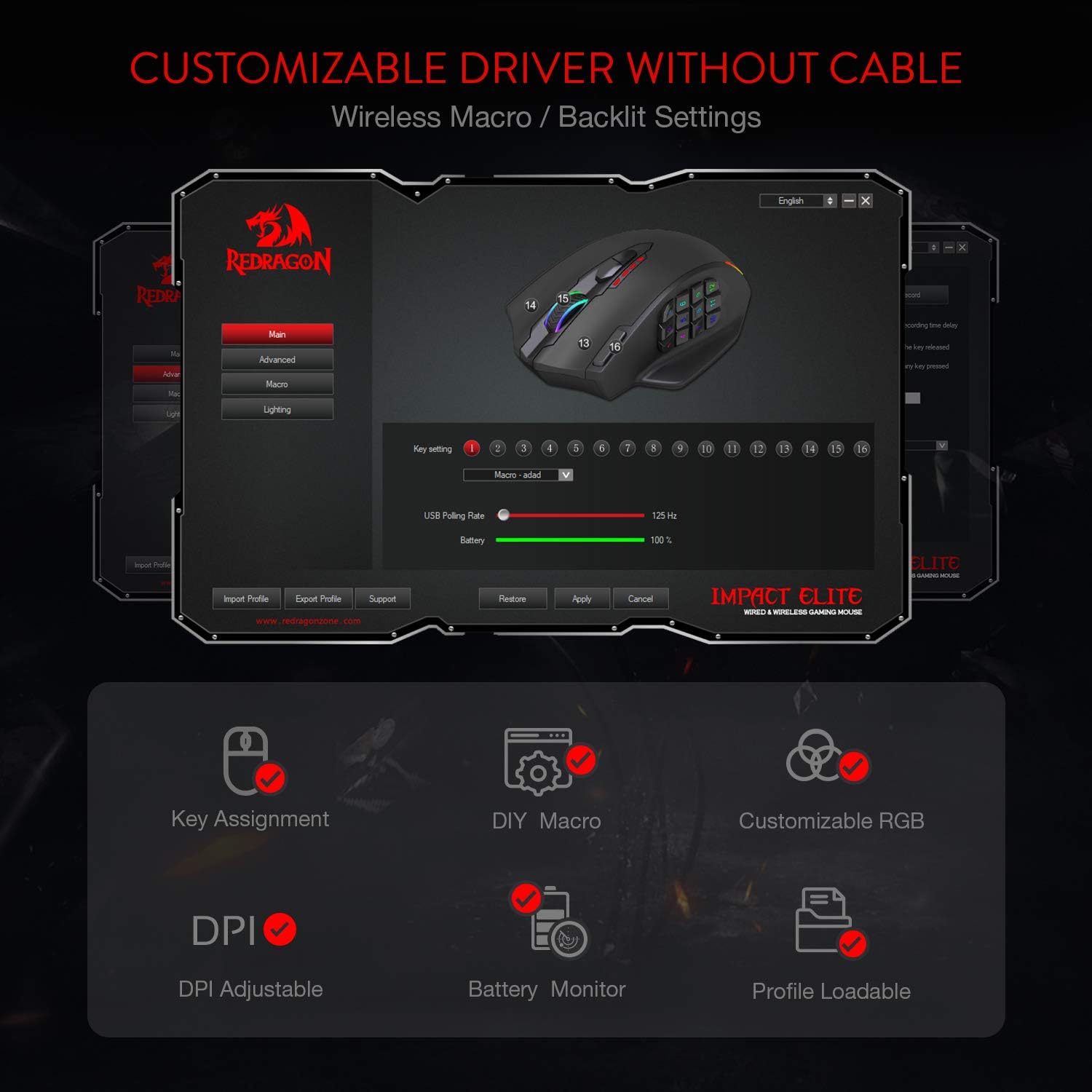 Redragon M913 IMPACT ELITE Wireless Gaming Mouse, 16000 DPI (Black)