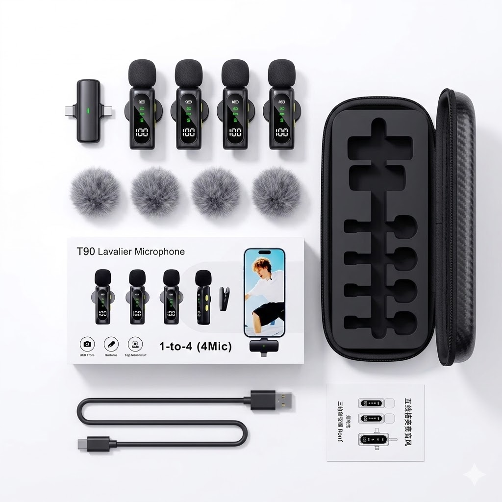 Latest T90 2-in-1 Connectivity 4 Wireless Mic Lavalier Microphone Digital Display Noise Cancelling - Image 2