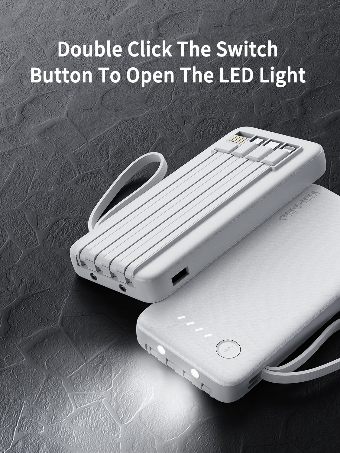 Ven Dens VD-PB058 10000mAh Power Bank – LED Display, 3-in-1 Built-in Cables White - Image 2