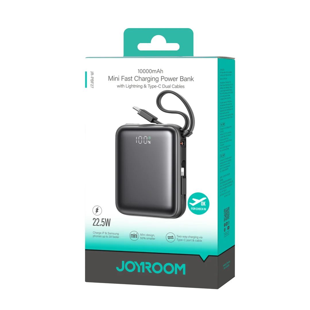 JOYROOM JR-PBF27 10000mAh 22.5W mini Power Bank with Dual Cables Black - Image 3