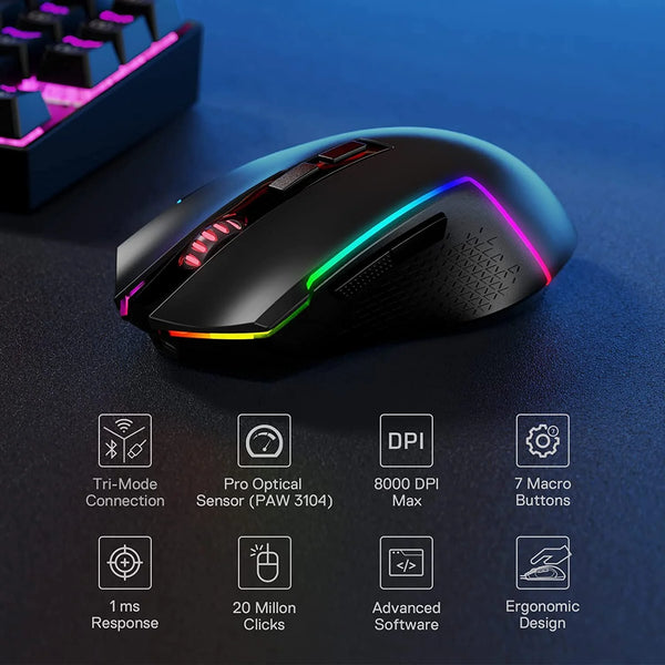 Redragon M693 TRIDENT Wired and Wireless (Bluetooth) Gaming Mouse (Black)