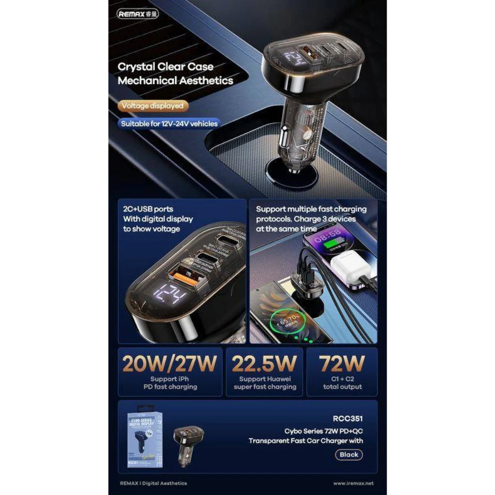 REMAX RCC351 Cybo Series 72W PD+QC 1A+2C Transparent Fast Car Charger with Digital Display - Image 3