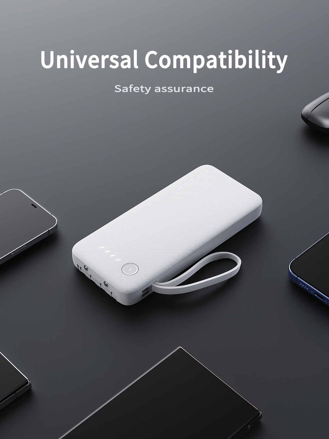 Ven Dens VD-PB058 10000mAh Power Bank – LED Display, 3-in-1 Built-in Cables White - Image 3
