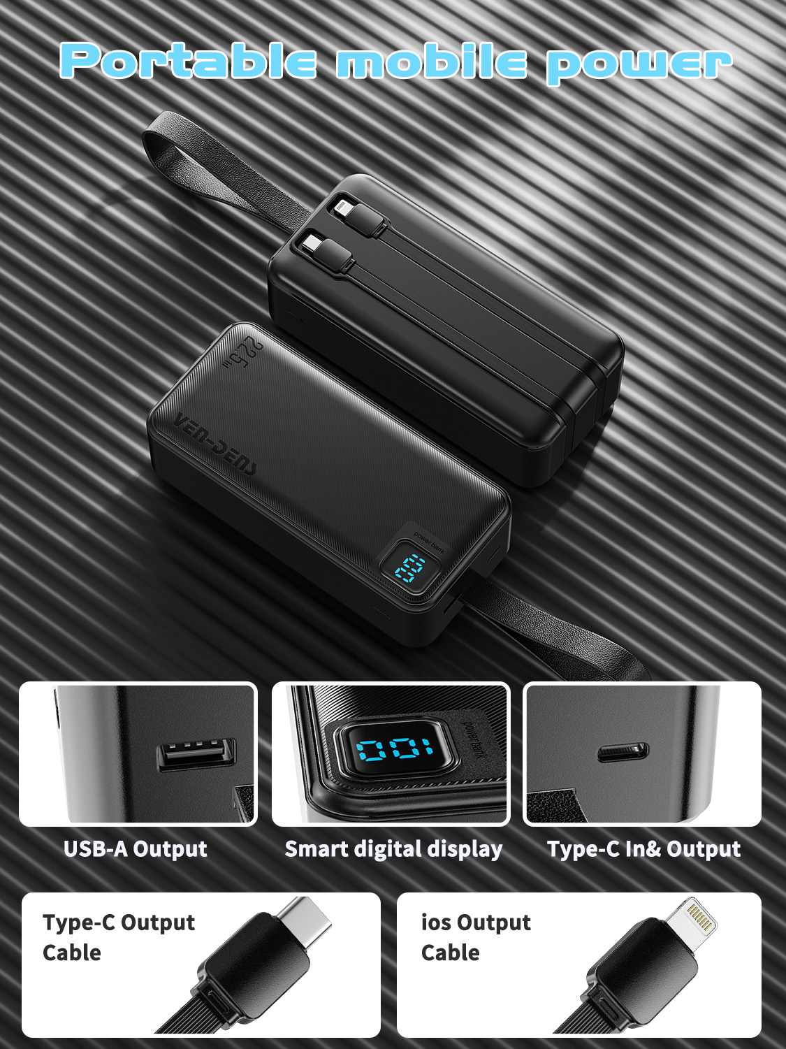 Ven Dens VD-PB062 30000mAh Power Bank – 22.5W Fast Charging with Digital Display & Built-in Type-C and Lightning Cables - Image 3