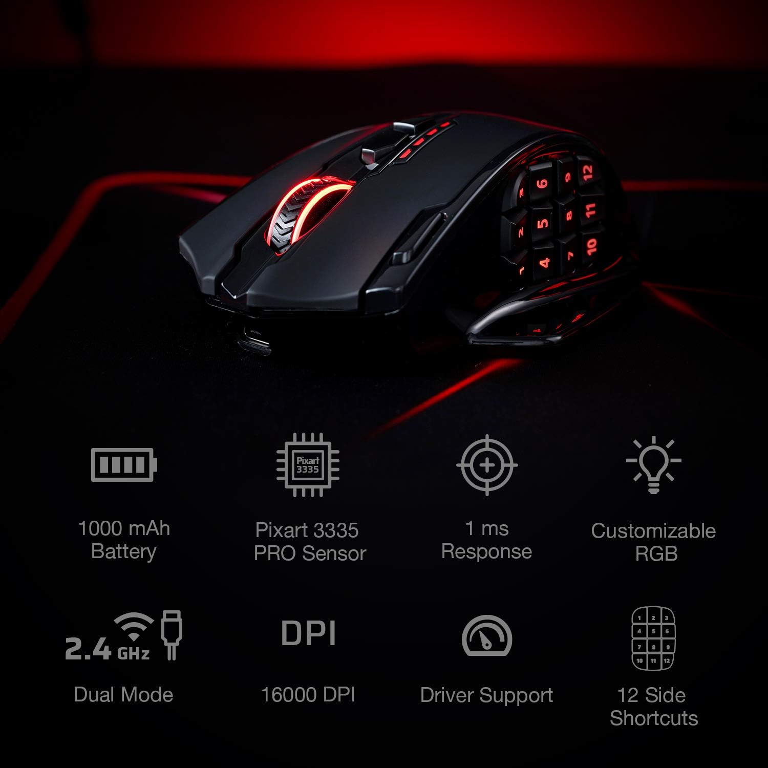 Redragon M913 IMPACT ELITE Wireless Gaming Mouse, 16000 DPI (Black)