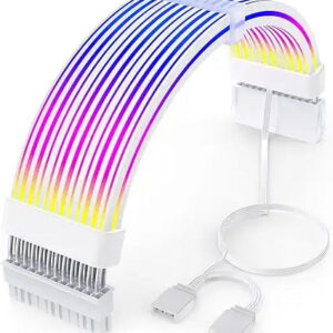 Colorful LED strip with white base and USB cable on a white background