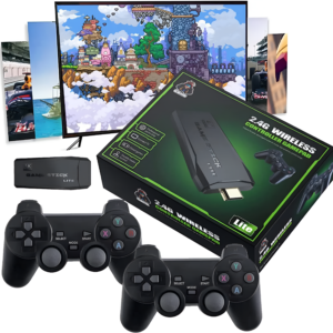 Gaming console with controllers and packaging on a white background
