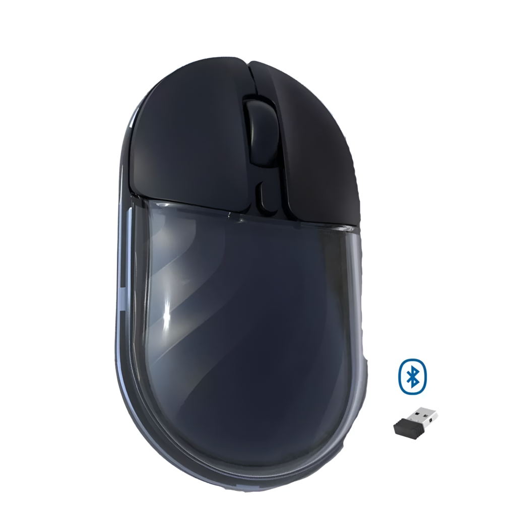 Black computer mouse with Bluetooth and USB receiver on a white background