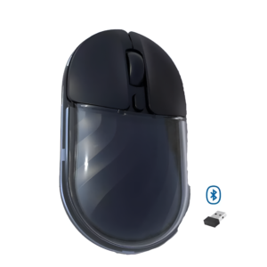 Black computer mouse with Bluetooth and USB receiver on a white background