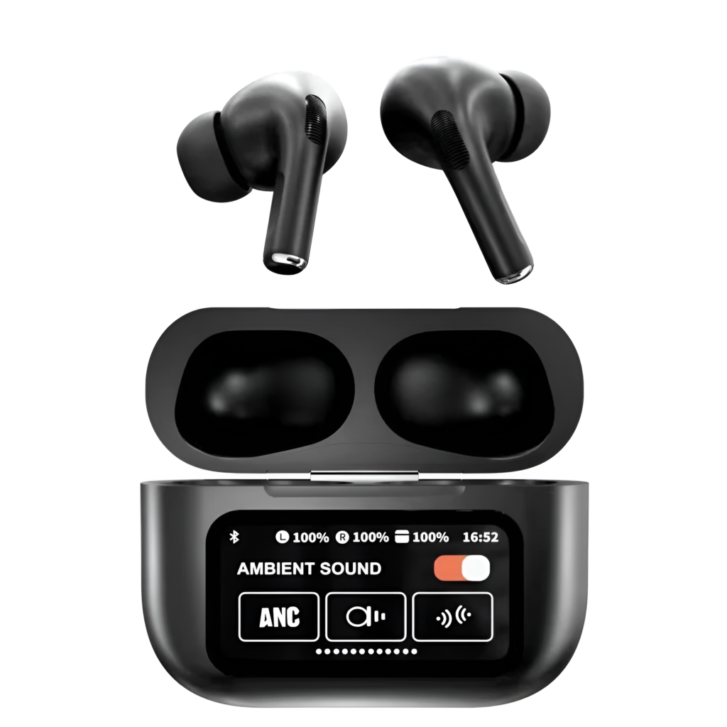 Black wireless earbuds with charging case on a white background