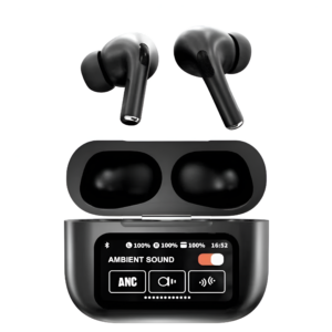Black wireless earbuds with charging case on a white background